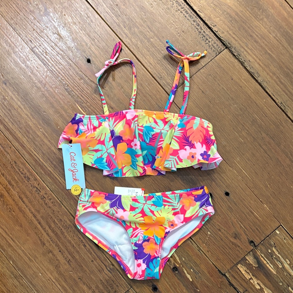 Cat & Jack Girls' Multicolor Tropical Floral Bikini - Pink, Purple, Yellow